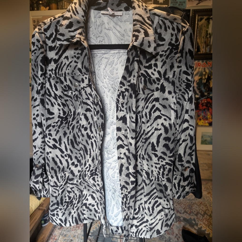Size 14 Grey and Black Cheetah Print Button-Up Jacket